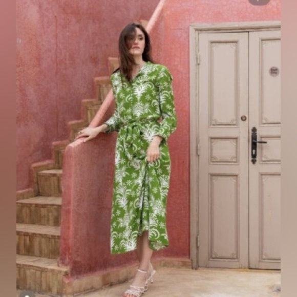 Zara Floral Print Lilou Midi Shirt Dress Belted Tropical Green White Size XS - Picture 16 of 16